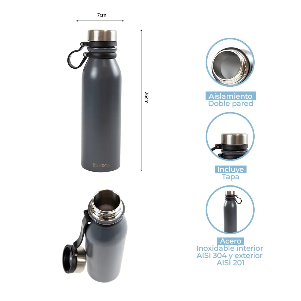 Botella Termica Deportiva Dakota Acero Inoxidable 600ml Color Gris Ocuro