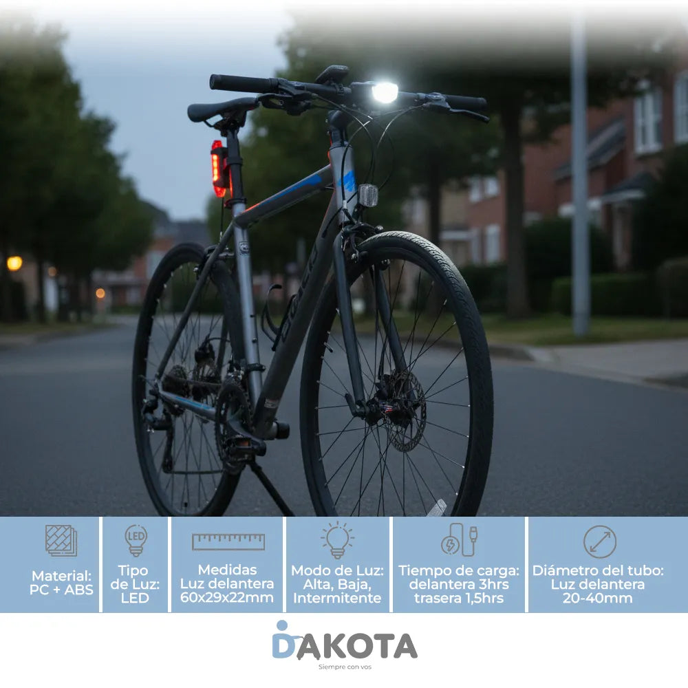 Kit Luces Usb Led Seguridad Bici Dakota 2218 Delantera Y Trasera + Color Negro